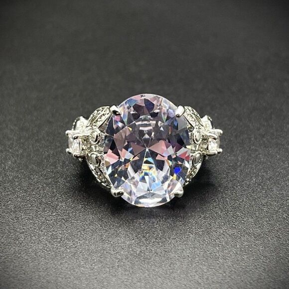 .925 Sterling Silver with Large Oval White Diamond Cubic Zirconia Ring Size 9 - Picture 6 of 10